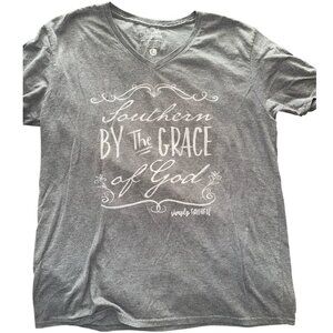 Women's Gray Simply Faithful V Neck Southern By the Grace of God Shirt Sz Large